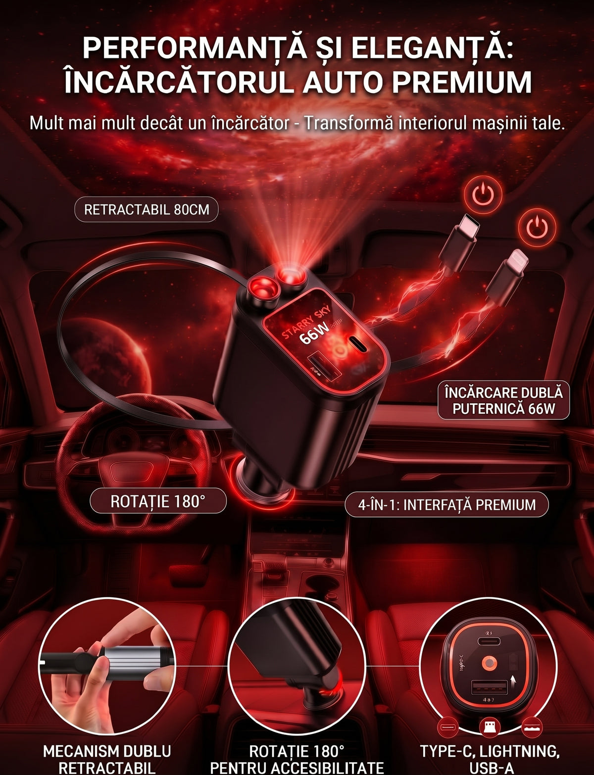 Încărcător Auto Fast-Charge cu Cabluri Retractabile, Afișaj Digital și Proiector Ambiental