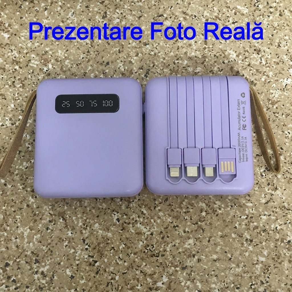 Baterie Externă 20.000 mAh cu Cabluri Integrate – Energie și Eleganță la Purtător