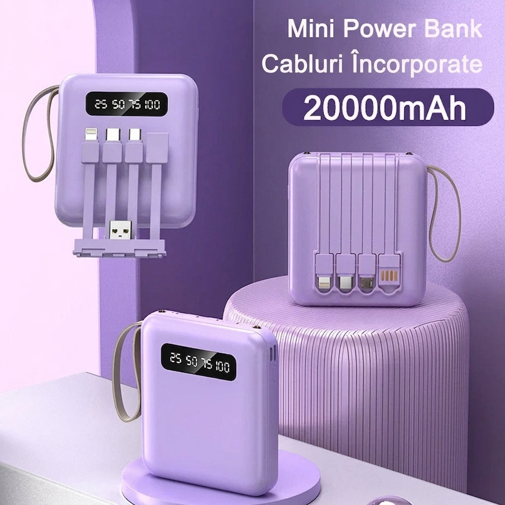 Baterie Externă 20.000 mAh cu Cabluri Integrate – Energie și Eleganță la Purtător
